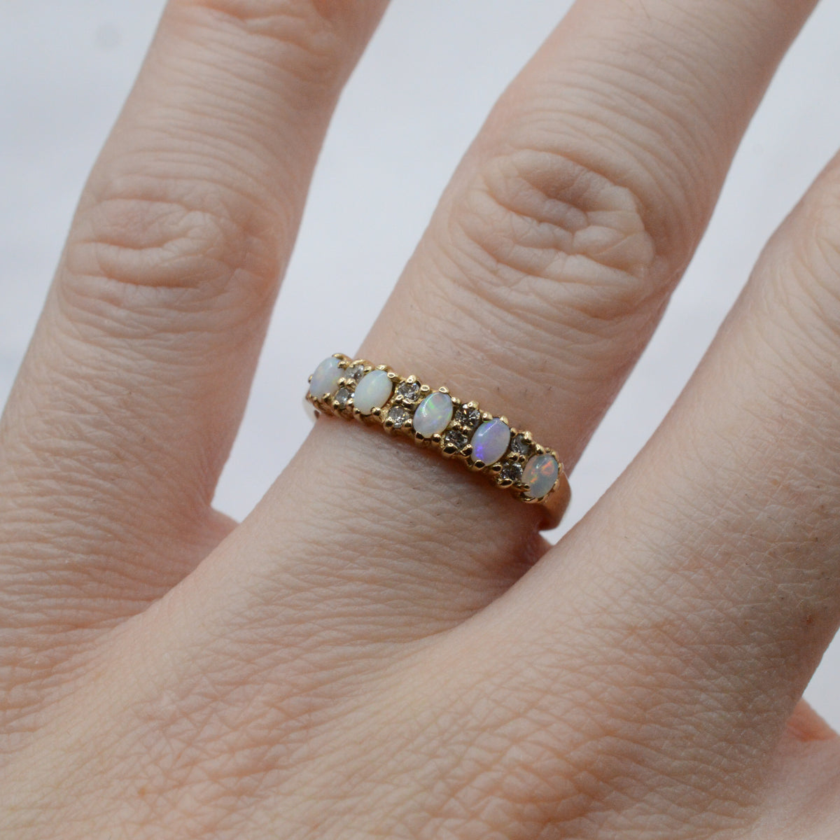 1990s 9ct Gold Opal & Diamond Half-Eternity Ring