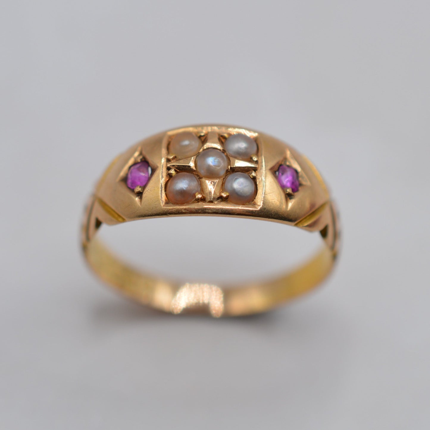 Antique Victorian 15ct Gold Ruby & Pearl Gypsy Ring