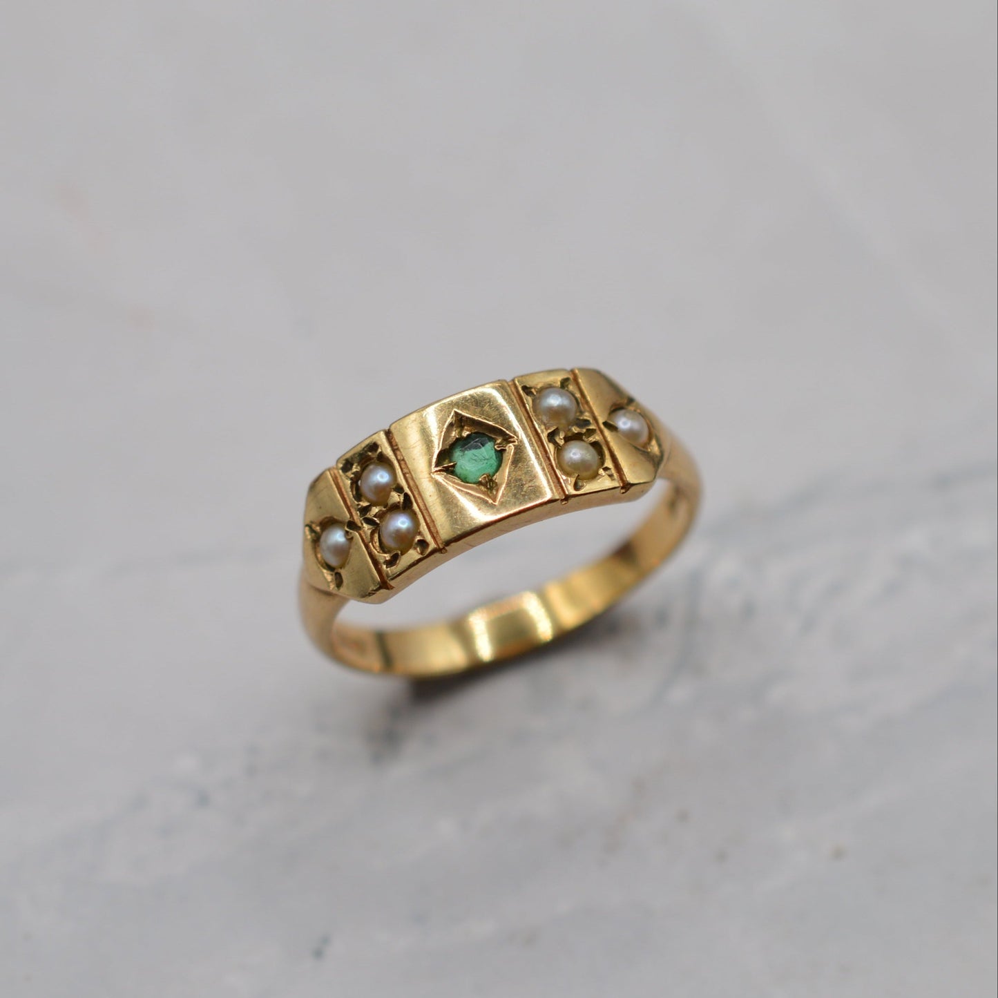 1970s Vintage 9ct Gold Emerald & Pearl Panel Ring
