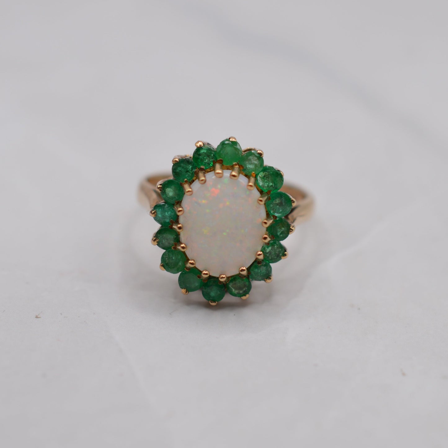 1970s Vintage Chunky 9ct Gold Opal & Emerald Cluster Ring