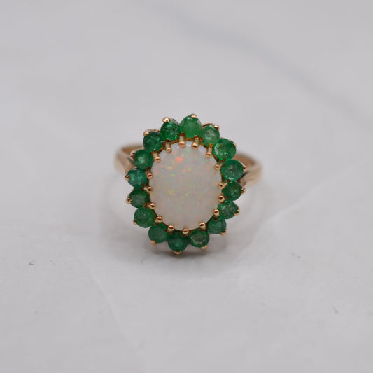 1970s Vintage Chunky 9ct Gold Opal & Emerald Cluster Ring