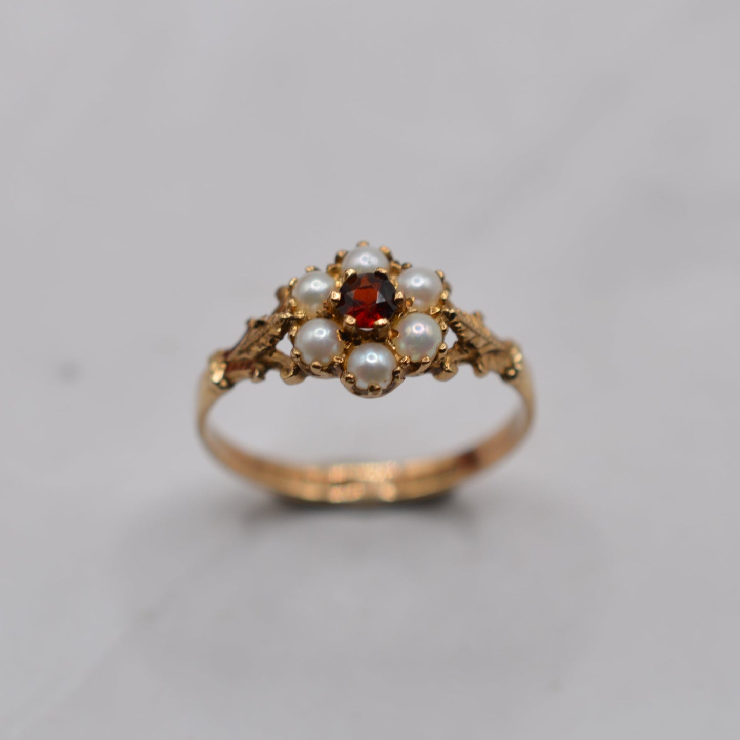 1990s 9ct Gold Pearl & Garnet Floral Cluster Ring
