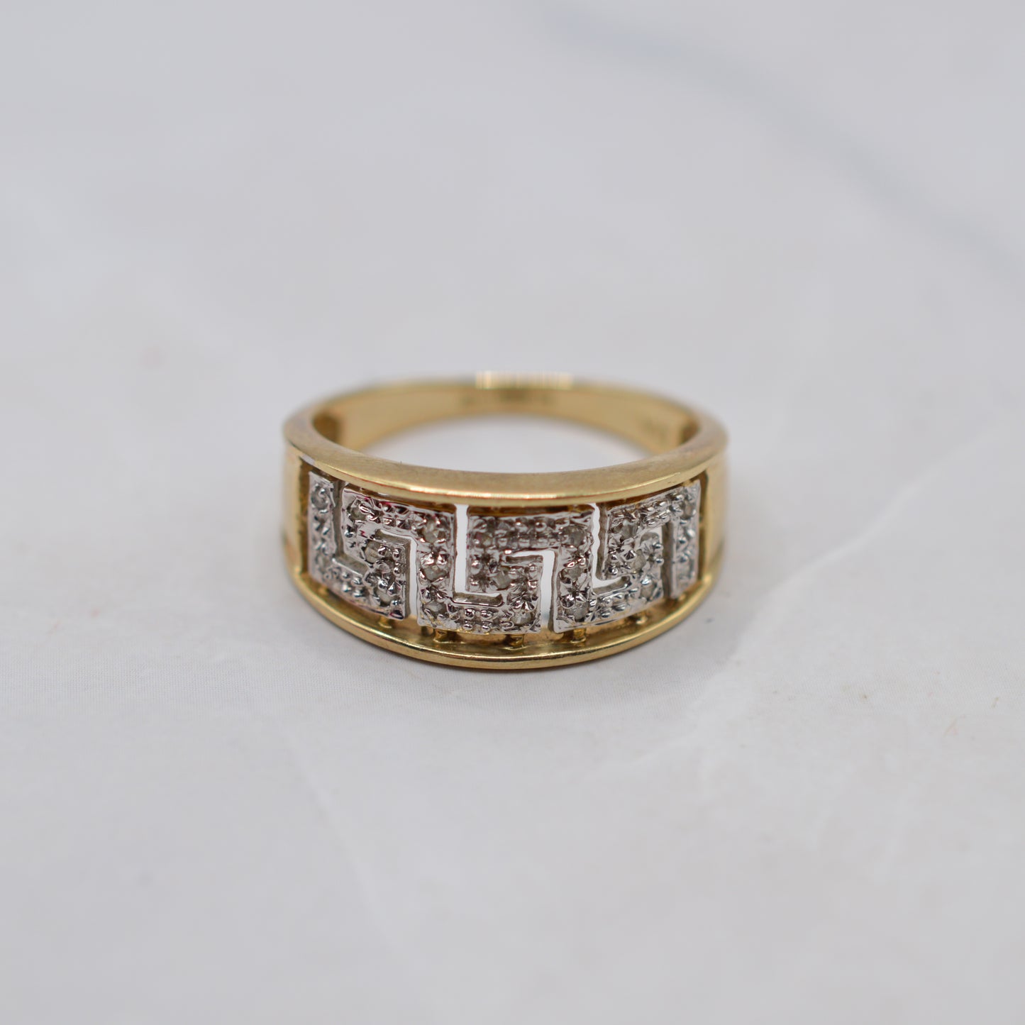Chunky 9ct Gold Diamond Greek Key Ring