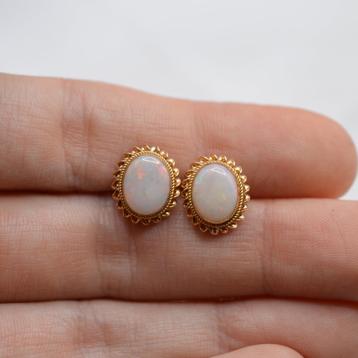 1990s 9ct Gold Opal Stud Earrings with Rope-Twist Border