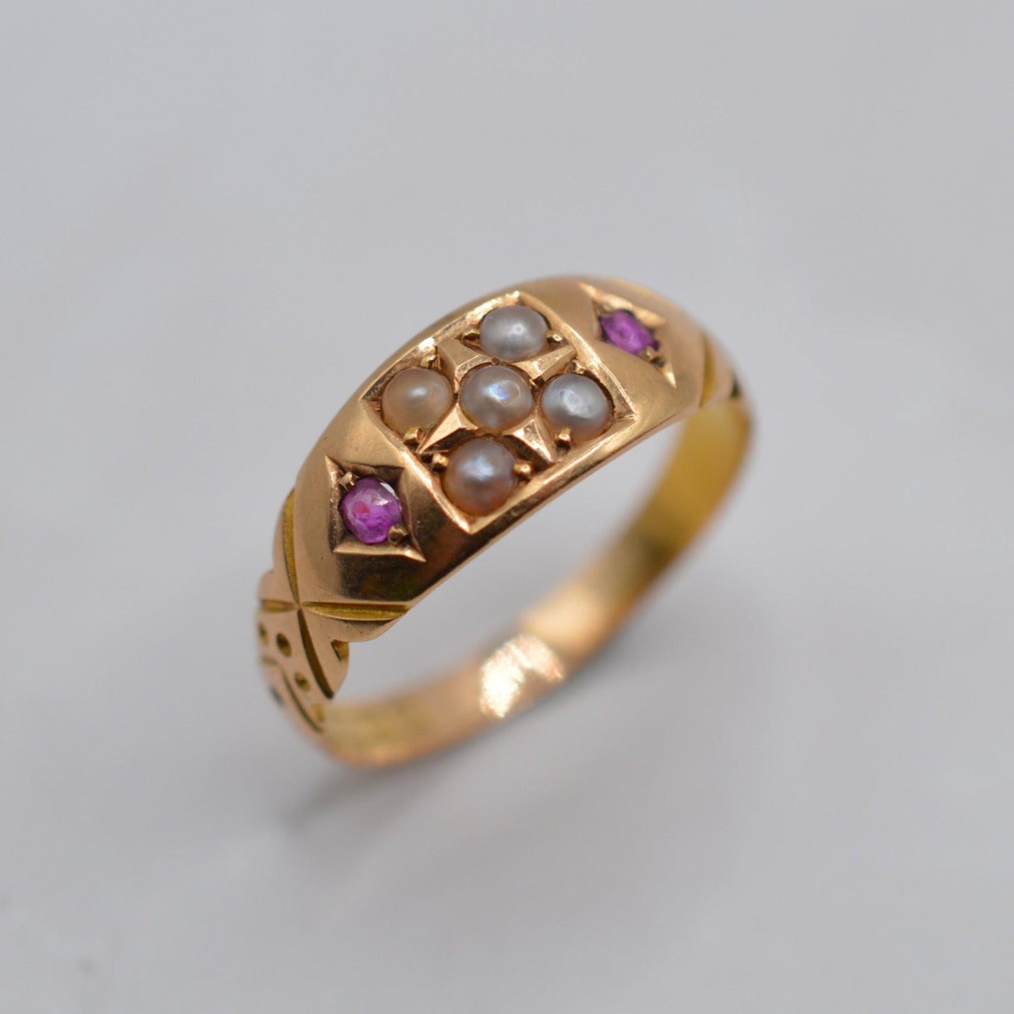 Antique Victorian 15ct Gold Ruby & Pearl Gypsy Ring