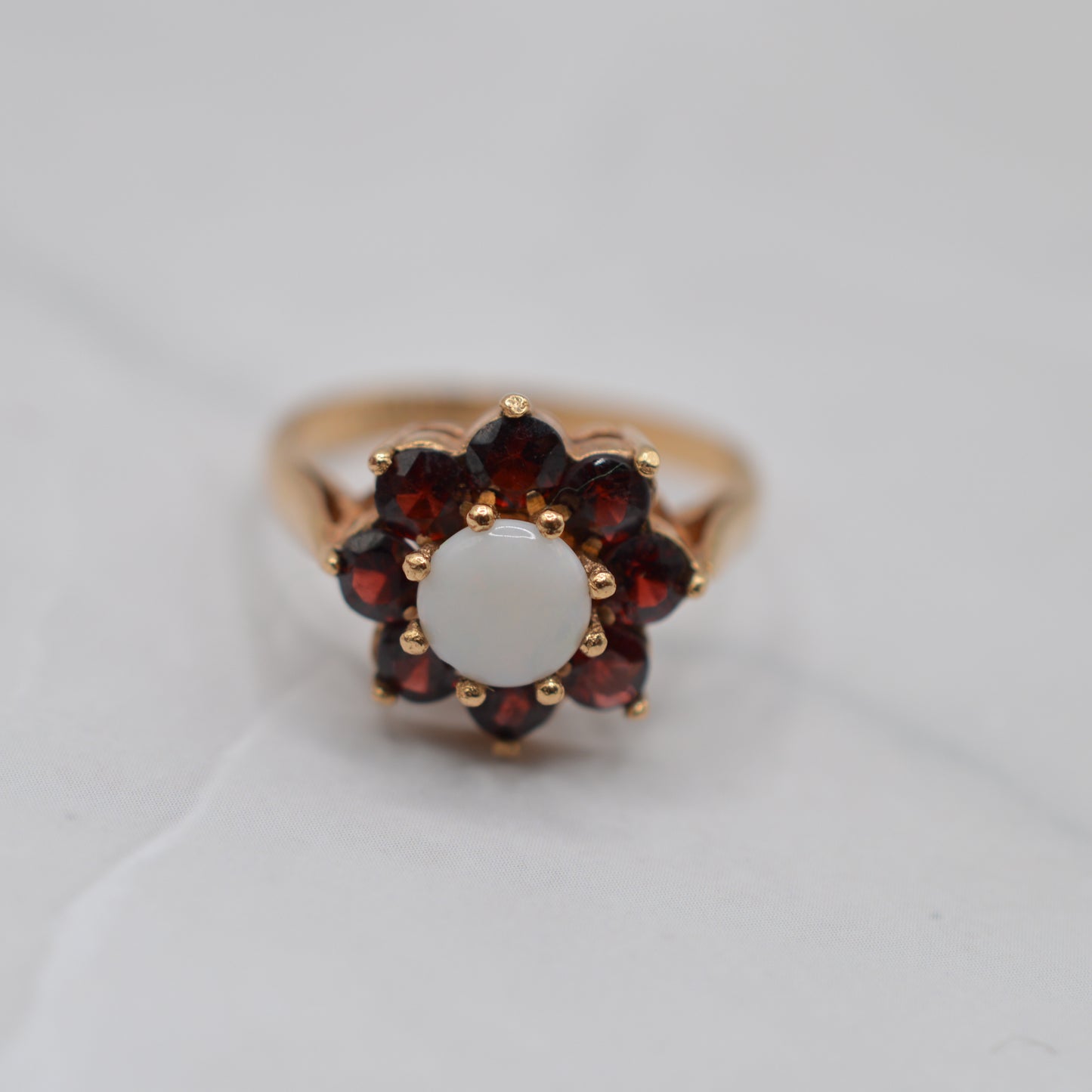 Vintage 9ct Gold Garnet & Opal Floral Cluster Ring
