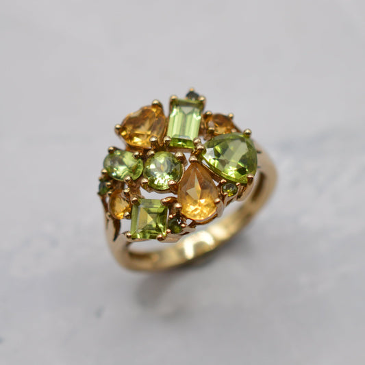 Y2K Chunky 9ct Gold Citrine & Peridot Cluster Ring
