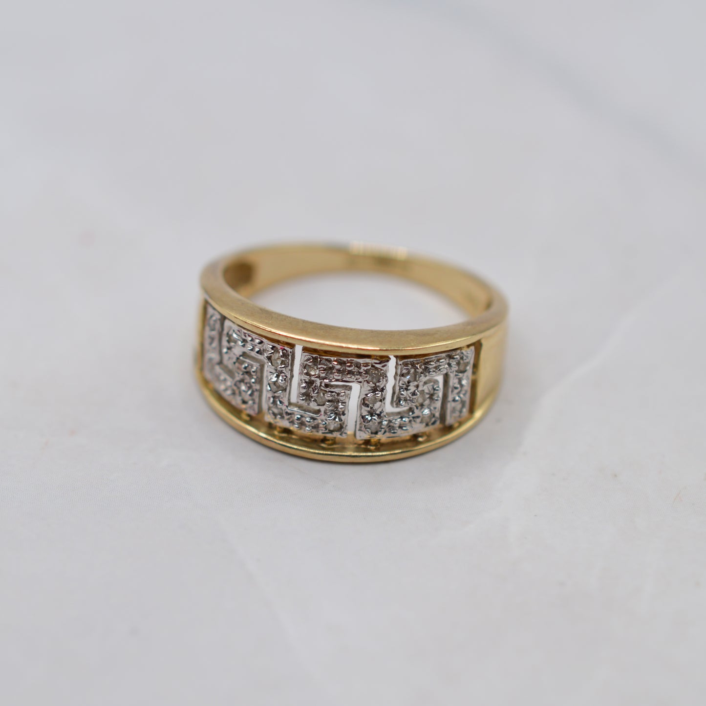 Chunky 9ct Gold Diamond Greek Key Ring