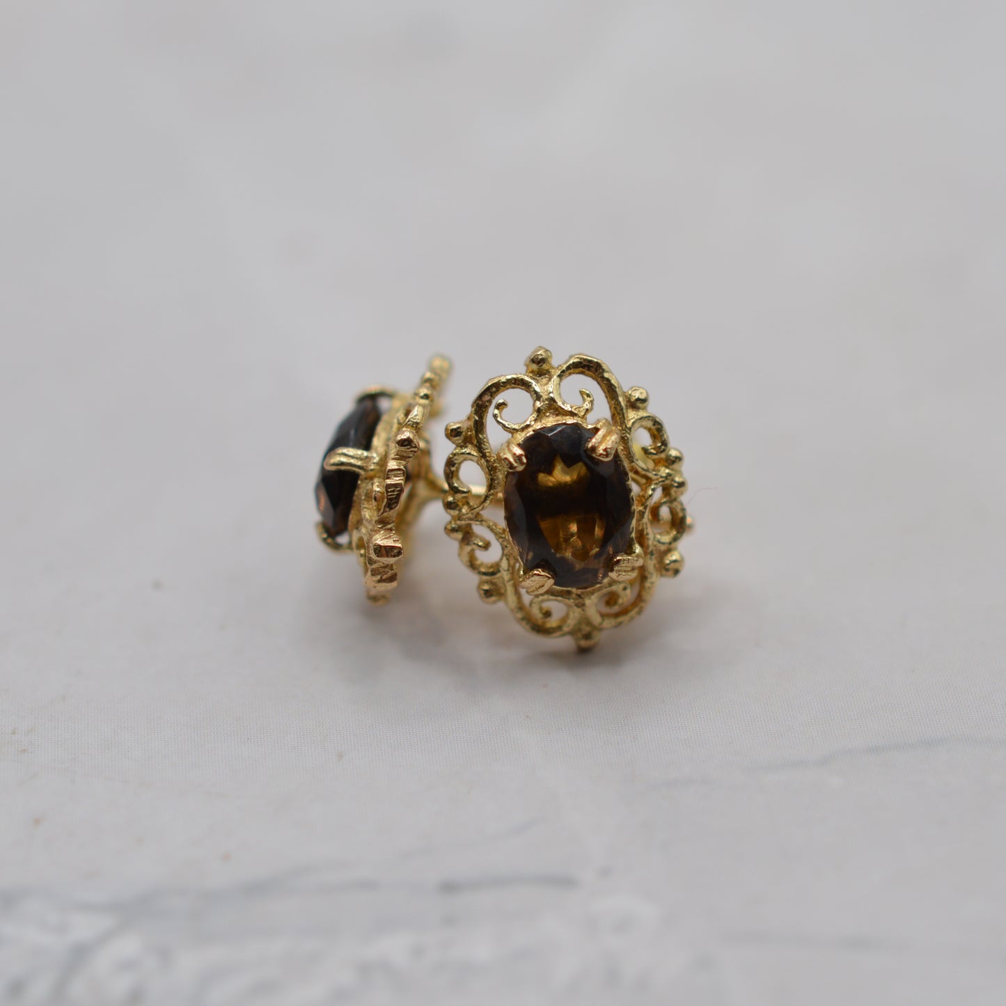 1970s Vintage 9ct Gold Smoky Quartz Openwork Stud Earrings