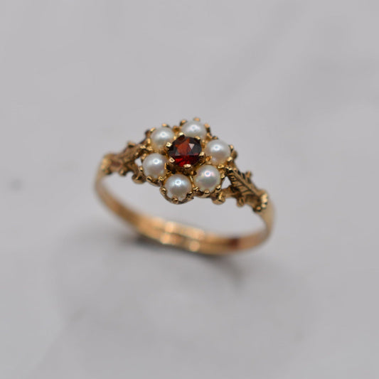 1990s 9ct Gold Pearl & Garnet Floral Cluster Ring