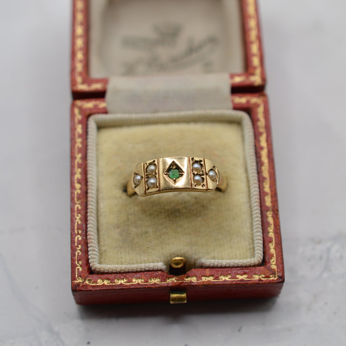 1970s Vintage 9ct Gold Emerald & Pearl Panel Ring