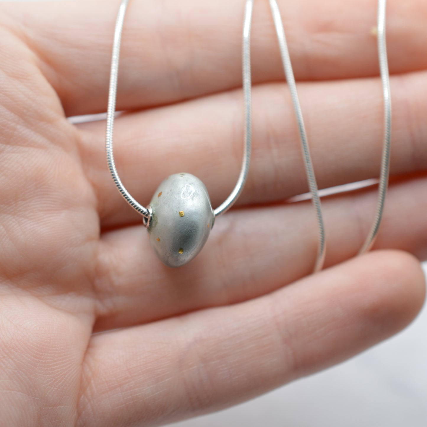 Sterling Silver Enamel & Gold Leaf Bead Necklace (16” Chain)