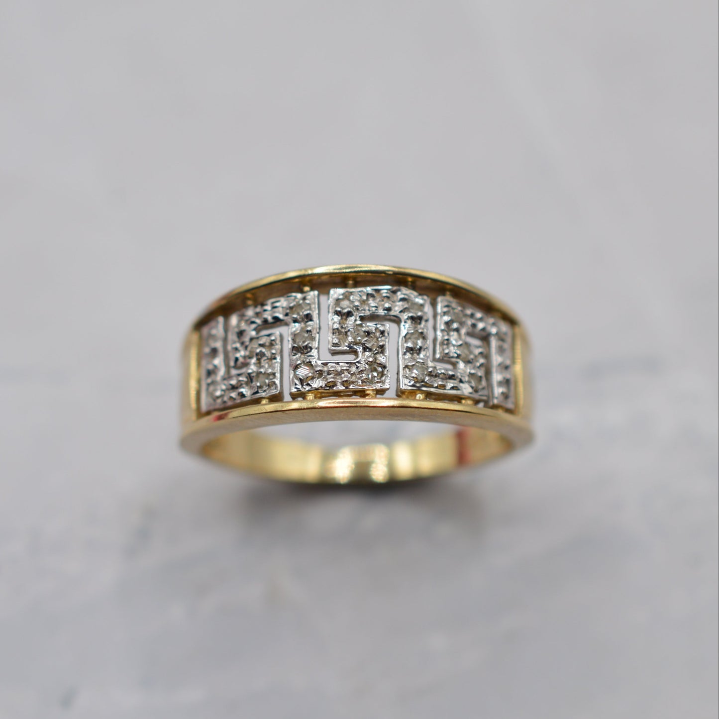Chunky 9ct Gold Diamond Greek Key Ring