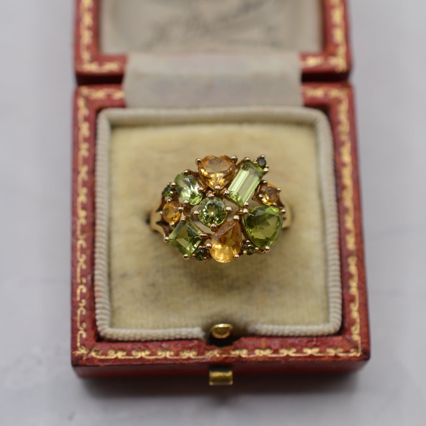 Y2K Chunky 9ct Gold Citrine & Peridot Cluster Ring
