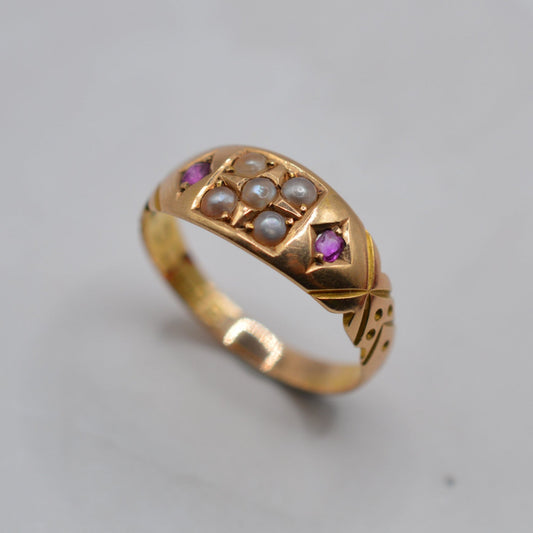 Antique Victorian 15ct Gold Ruby & Pearl Gypsy Ring