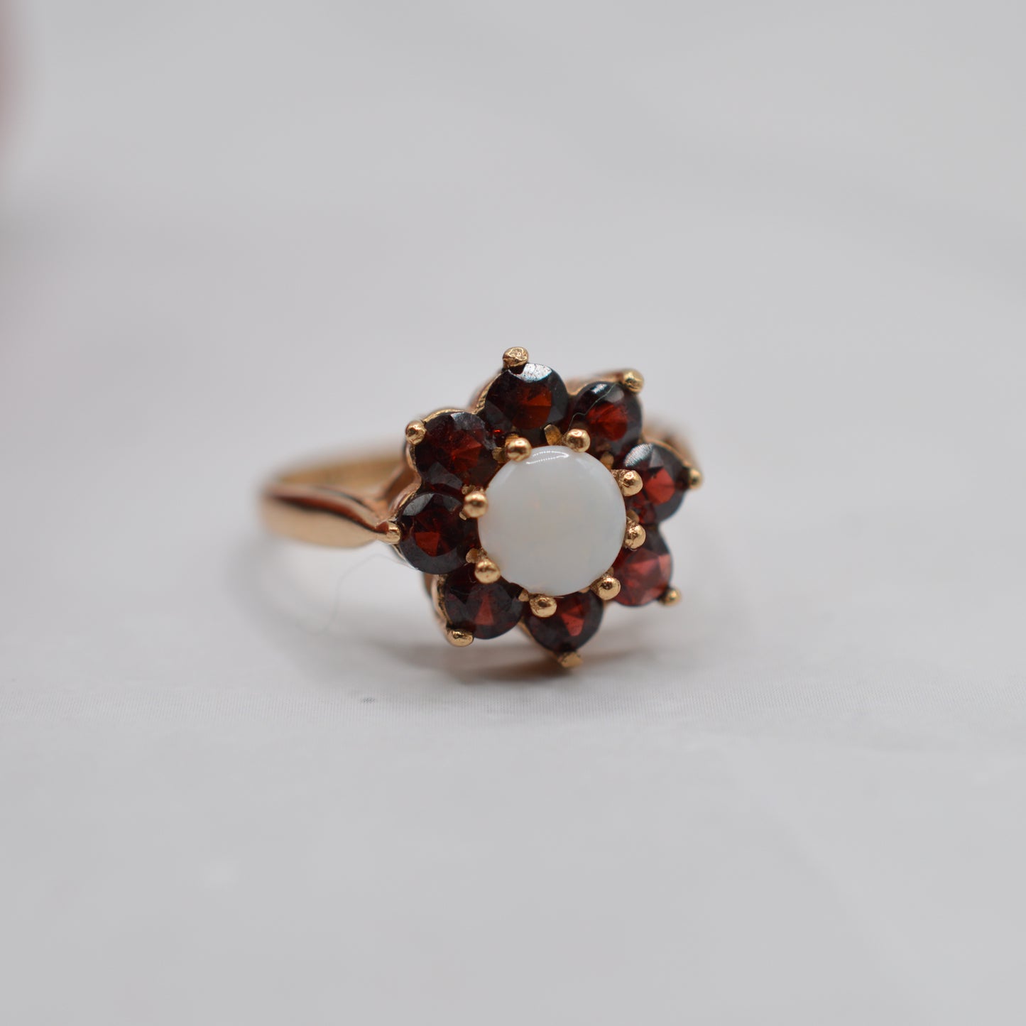 Vintage 9ct Gold Garnet & Opal Floral Cluster Ring