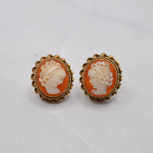Large 1970s Vintage 9ct Gold Cameo Stud Earrings