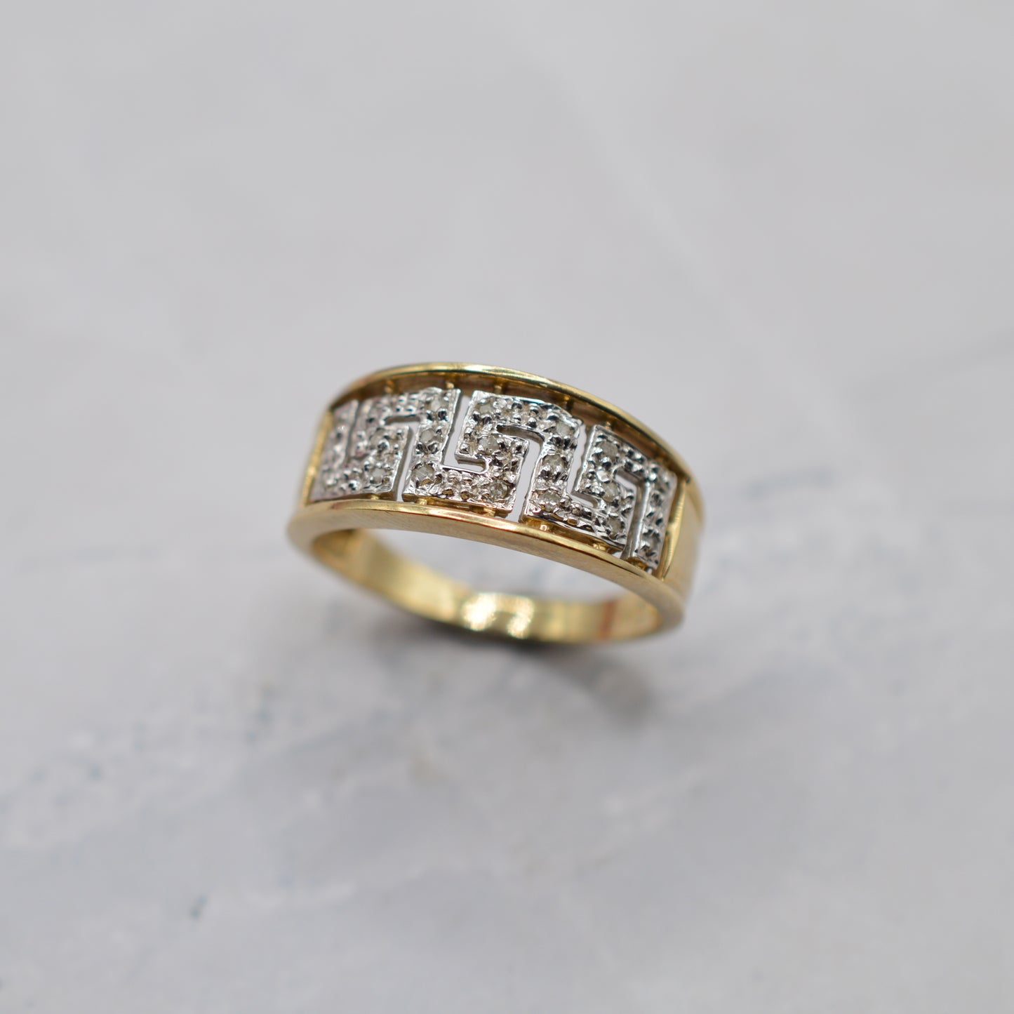 Chunky 9ct Gold Diamond Greek Key Ring