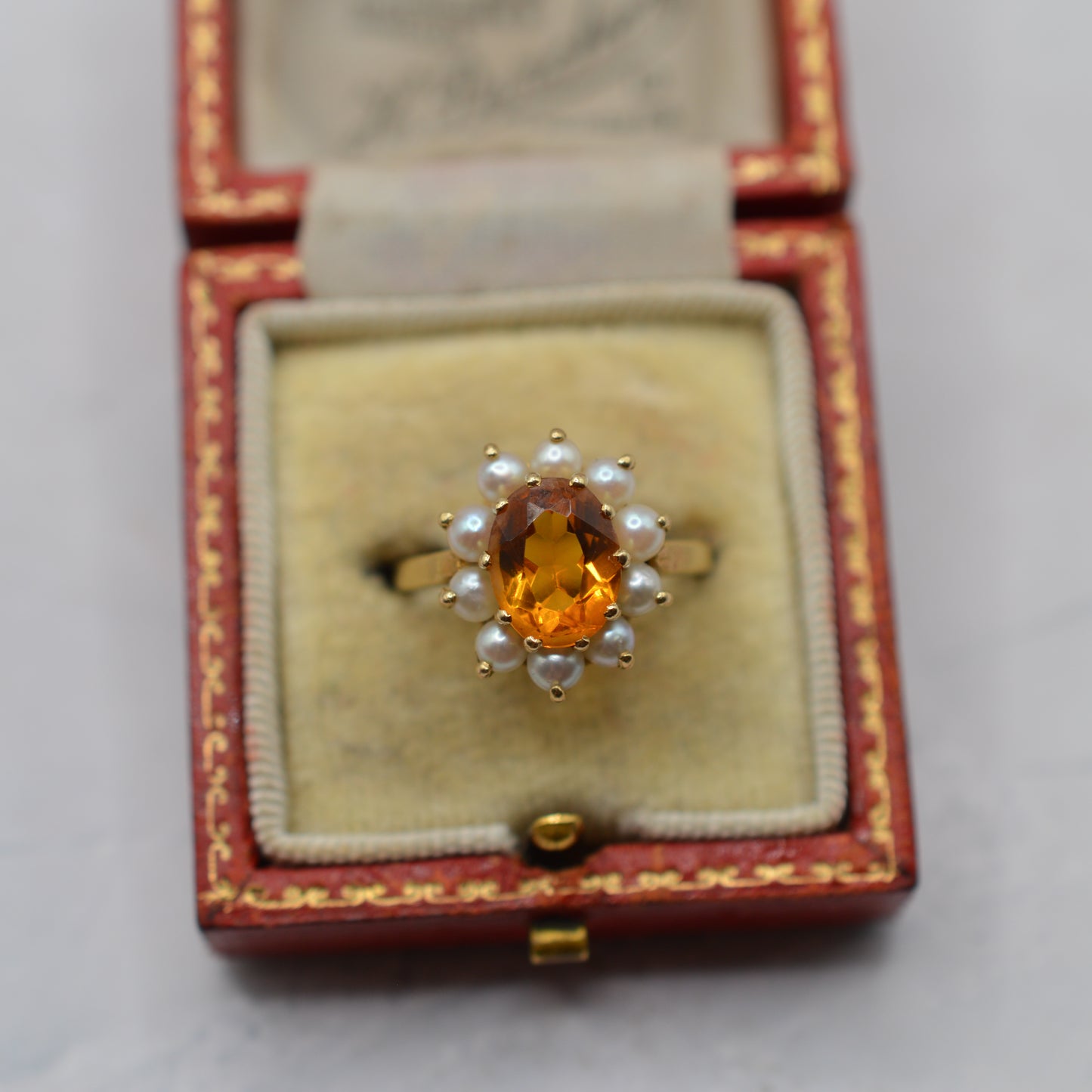 1960s Vintage 9ct Gold Citrine & Pearl Cluster Ring