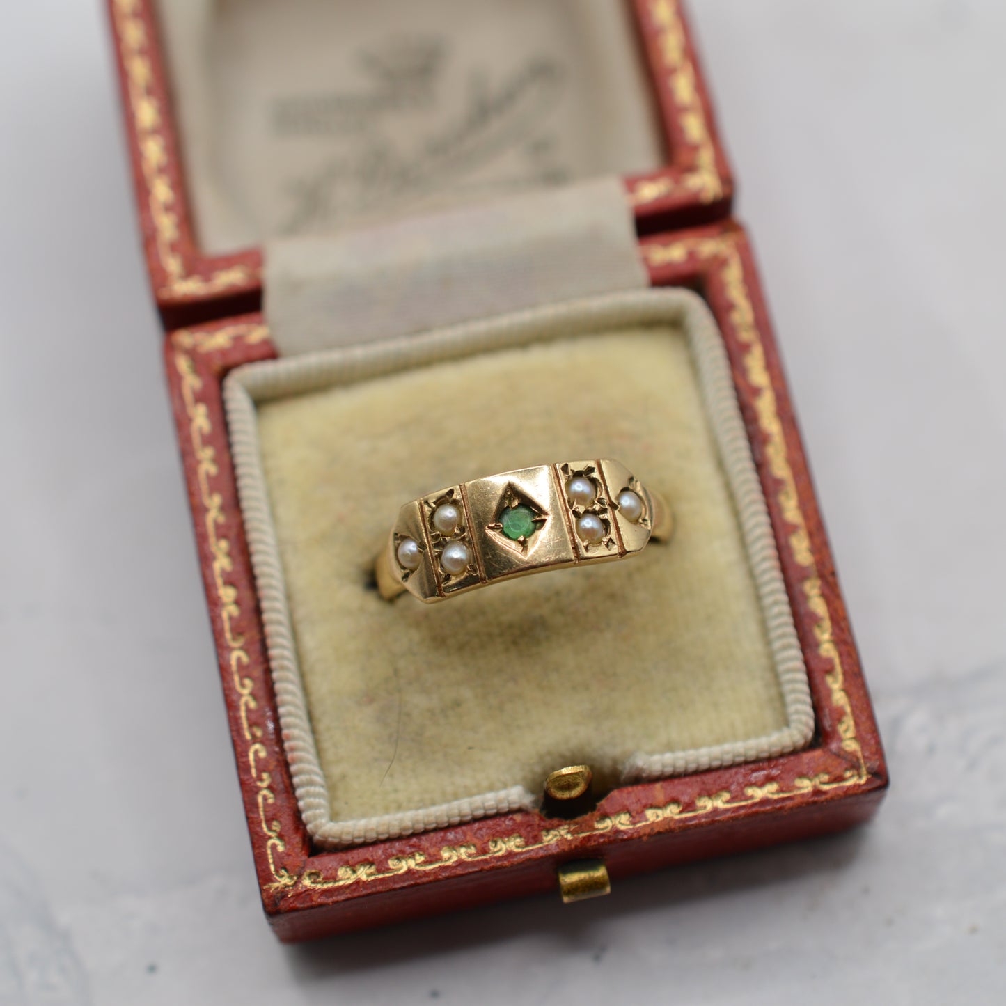 1970s Vintage 9ct Gold Emerald & Pearl Panel Ring