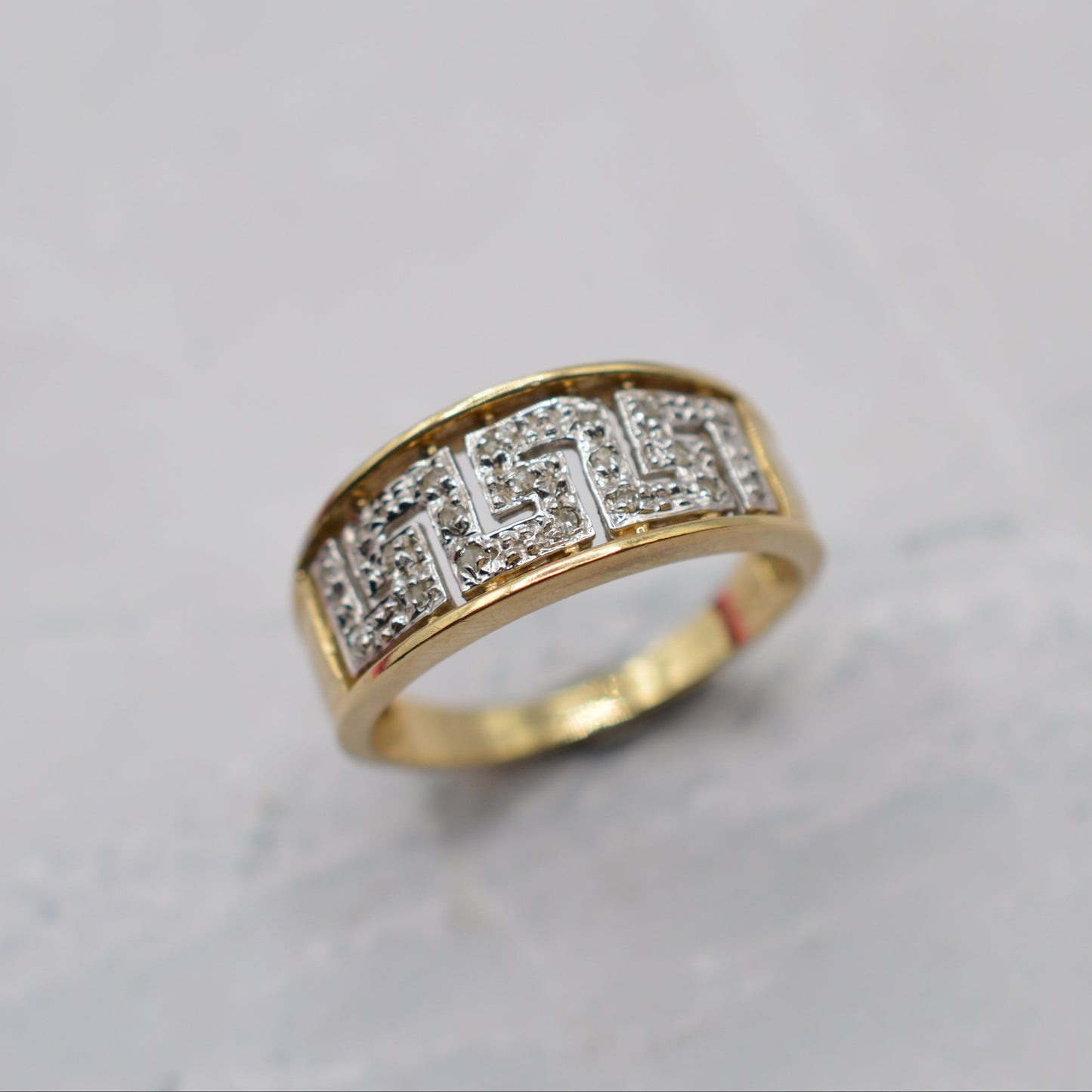 Chunky 9ct Gold Diamond Greek Key Ring