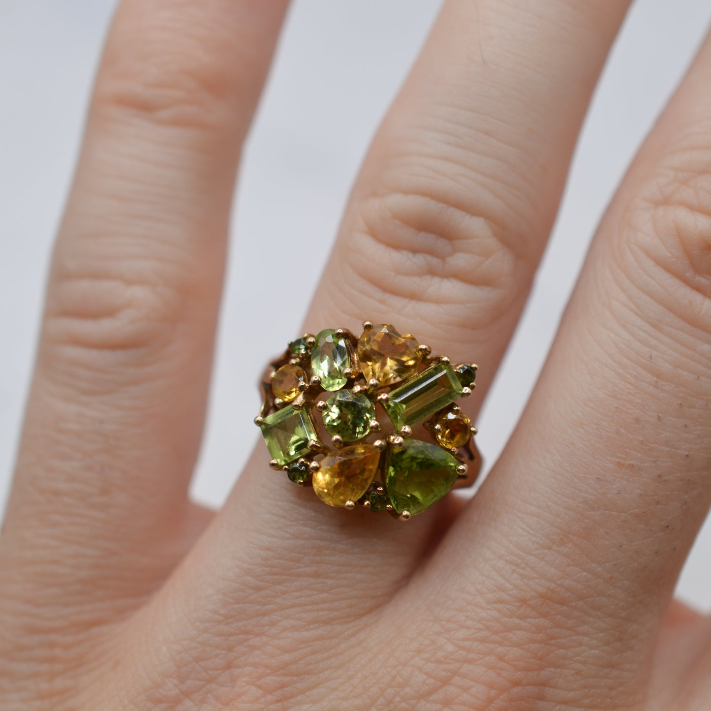 Y2K Chunky 9ct Gold Citrine & Peridot Cluster Ring