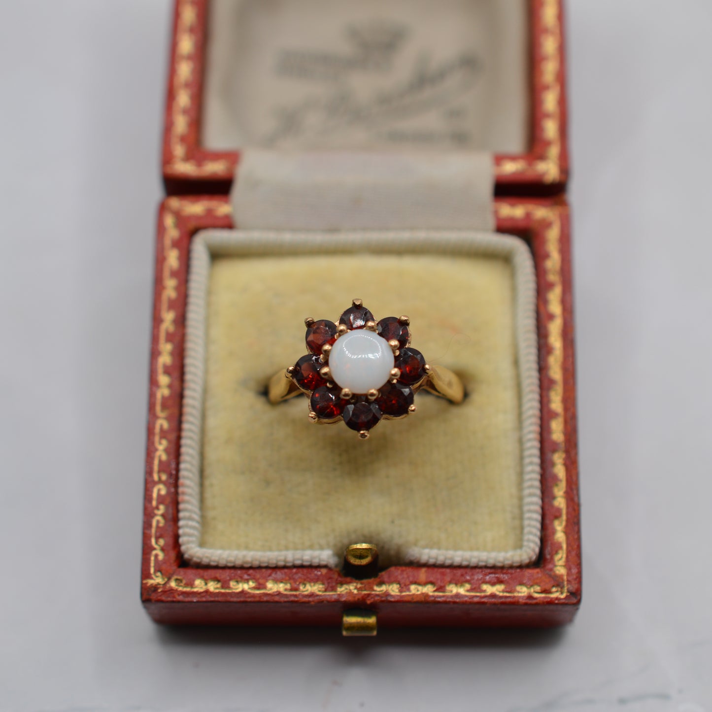 Vintage 9ct Gold Garnet & Opal Floral Cluster Ring