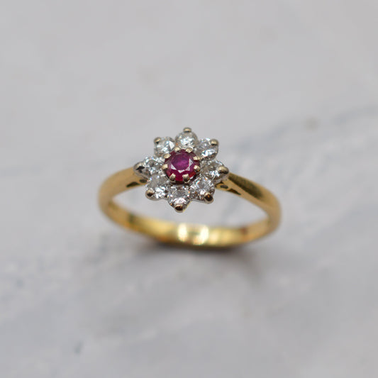1980s 18ct Gold Ruby & Diamond Cluster Ring