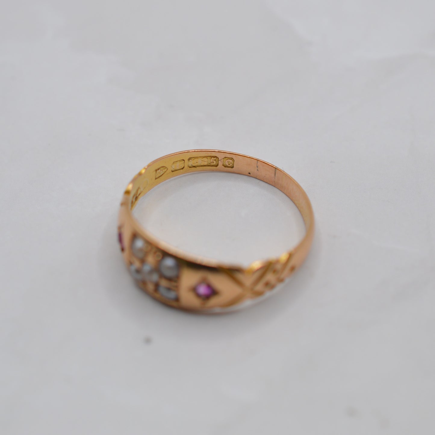 Antique Victorian 15ct Gold Ruby & Pearl Gypsy Ring