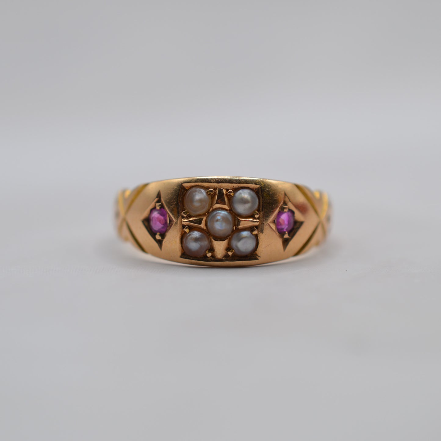 Antique Victorian 15ct Gold Ruby & Pearl Gypsy Ring
