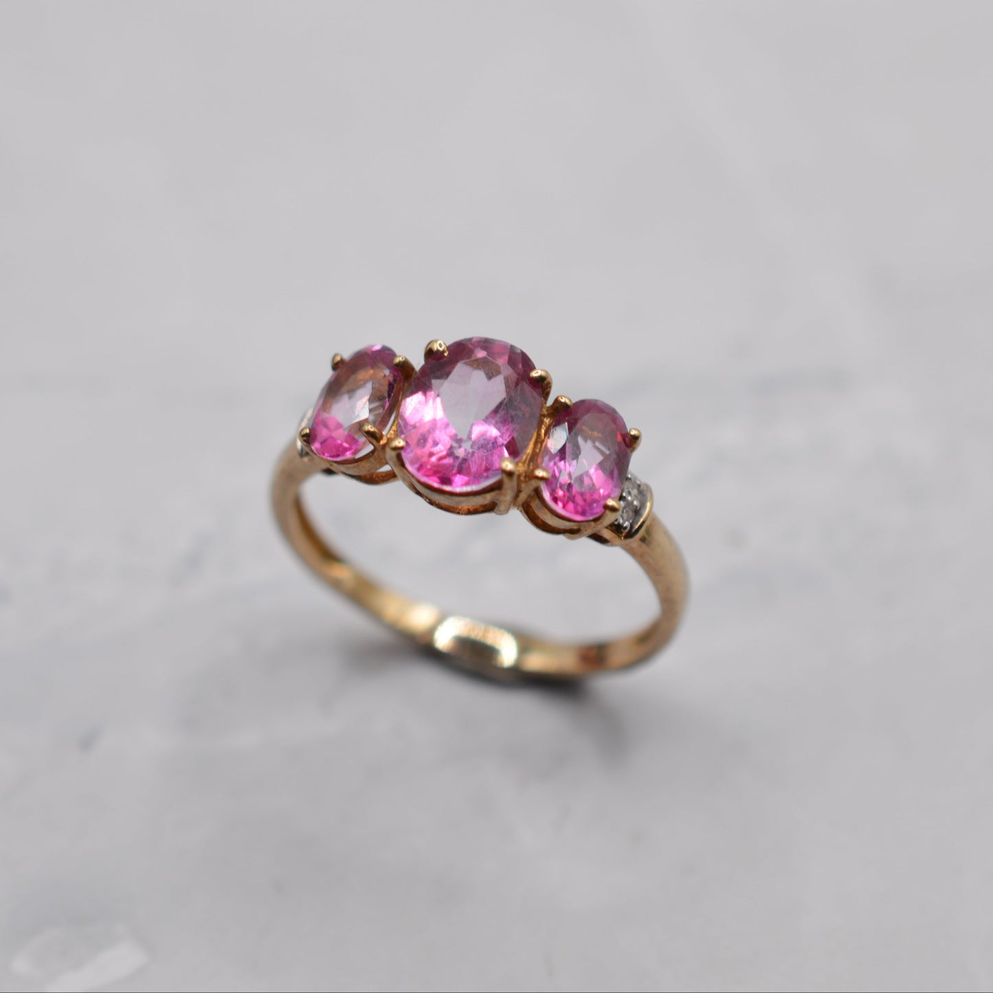 9ct Gold Pink Topaz & Diamond Trilogy Ring