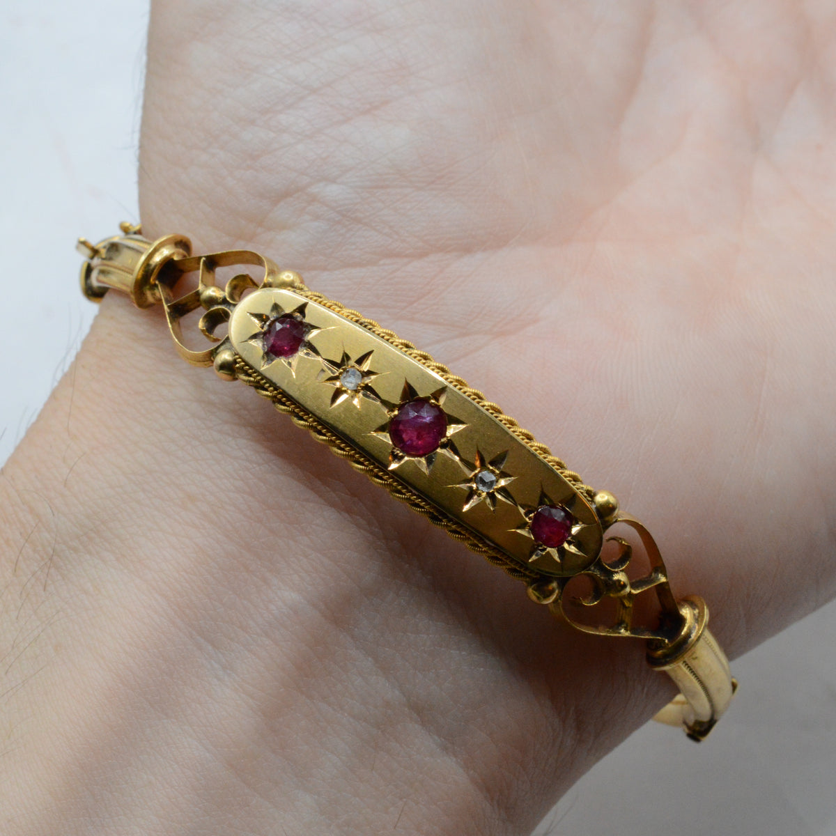 Antique Victorian 9ct Gold Ruby & Diamond Bangle Bracelet