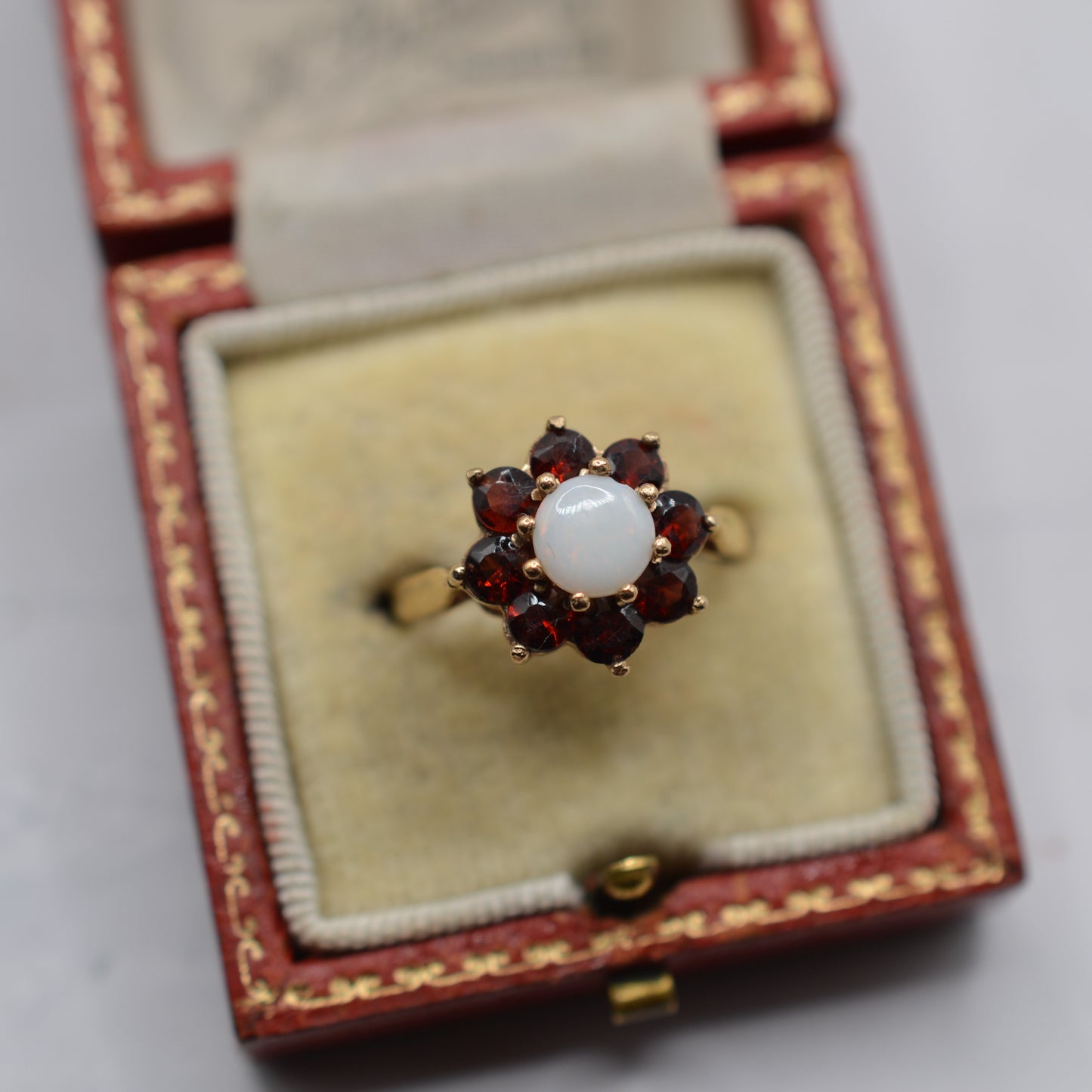 Vintage 9ct Gold Garnet & Opal Floral Cluster Ring