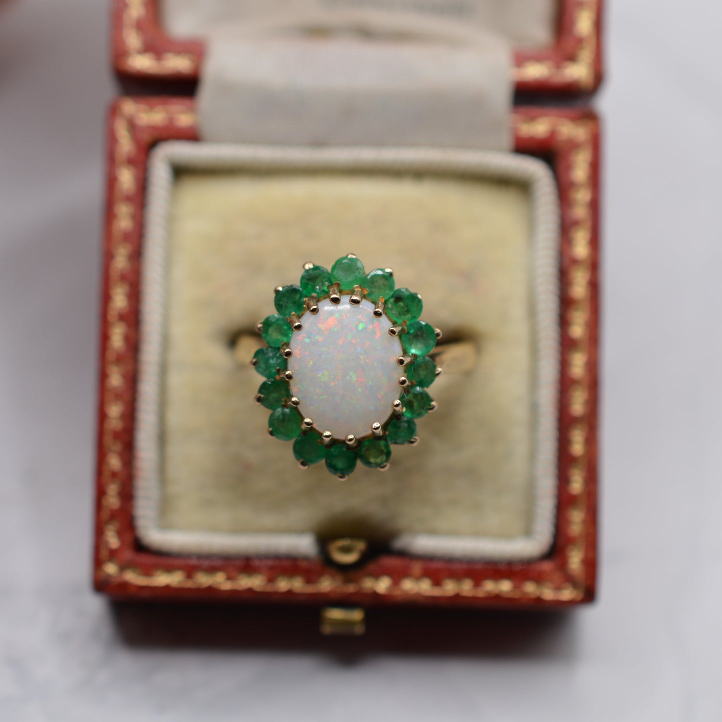 1970s Vintage Chunky 9ct Gold Opal & Emerald Cluster Ring