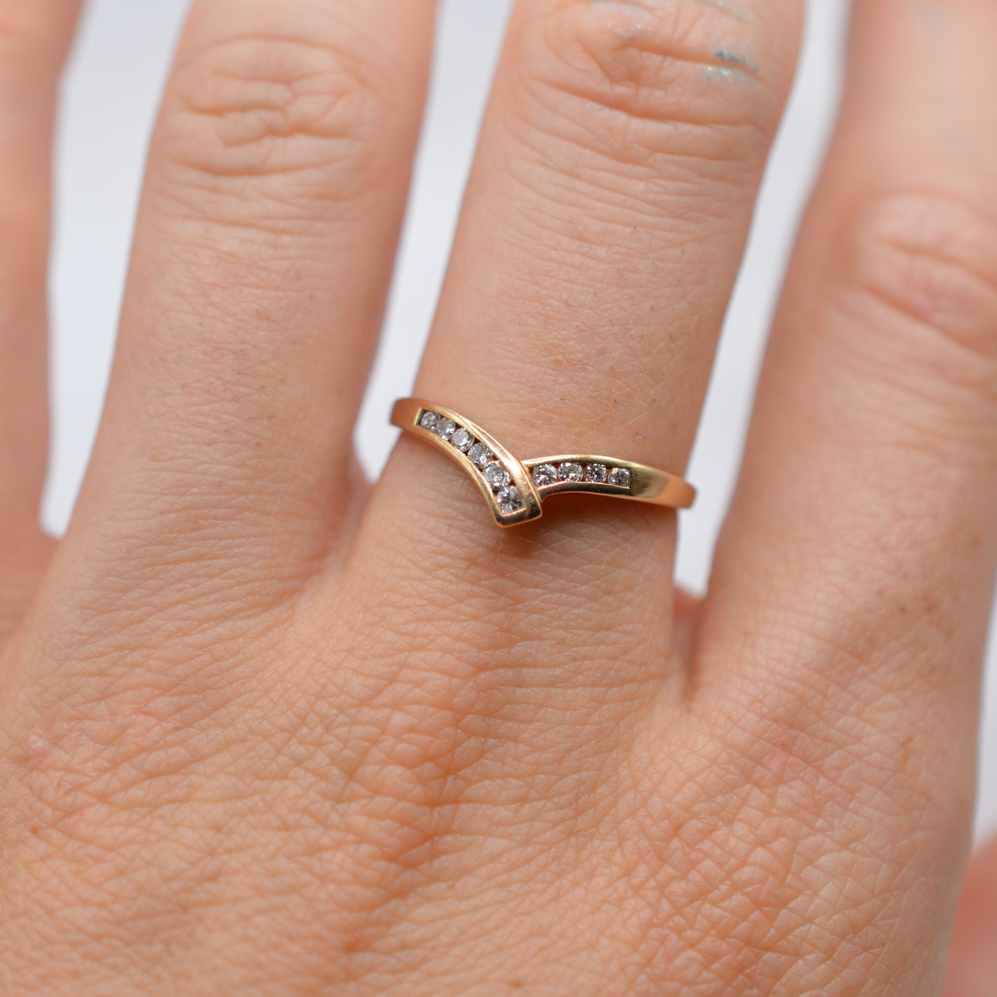 1980s Vintage 9ct Gold Diamond Wishbone Ring