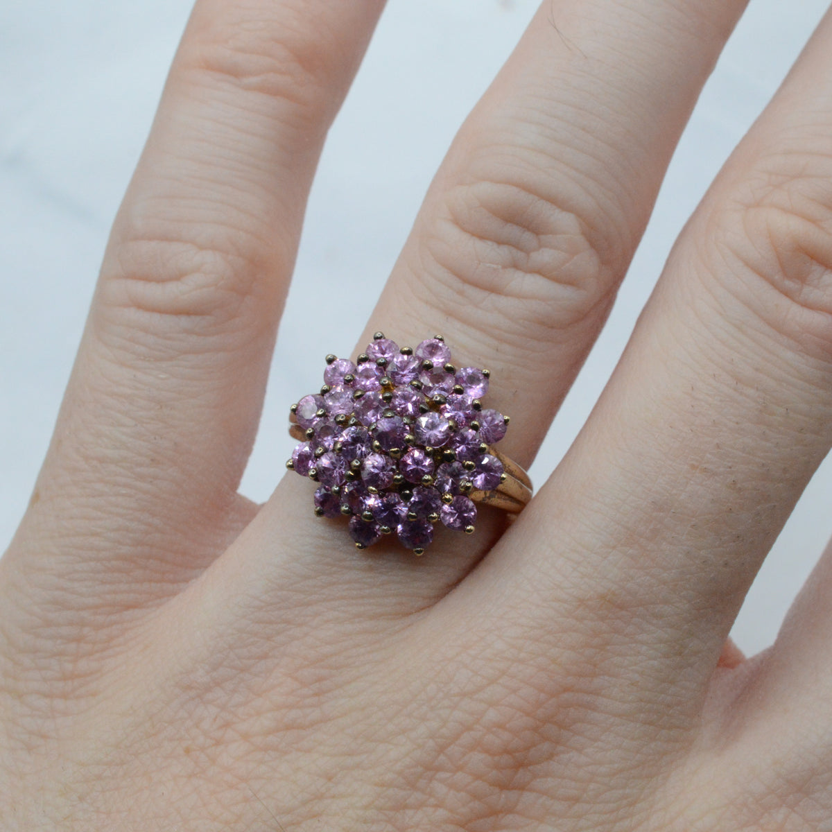 Chunky Y2K 9ct Gold Pink Sapphire Cluster Ring