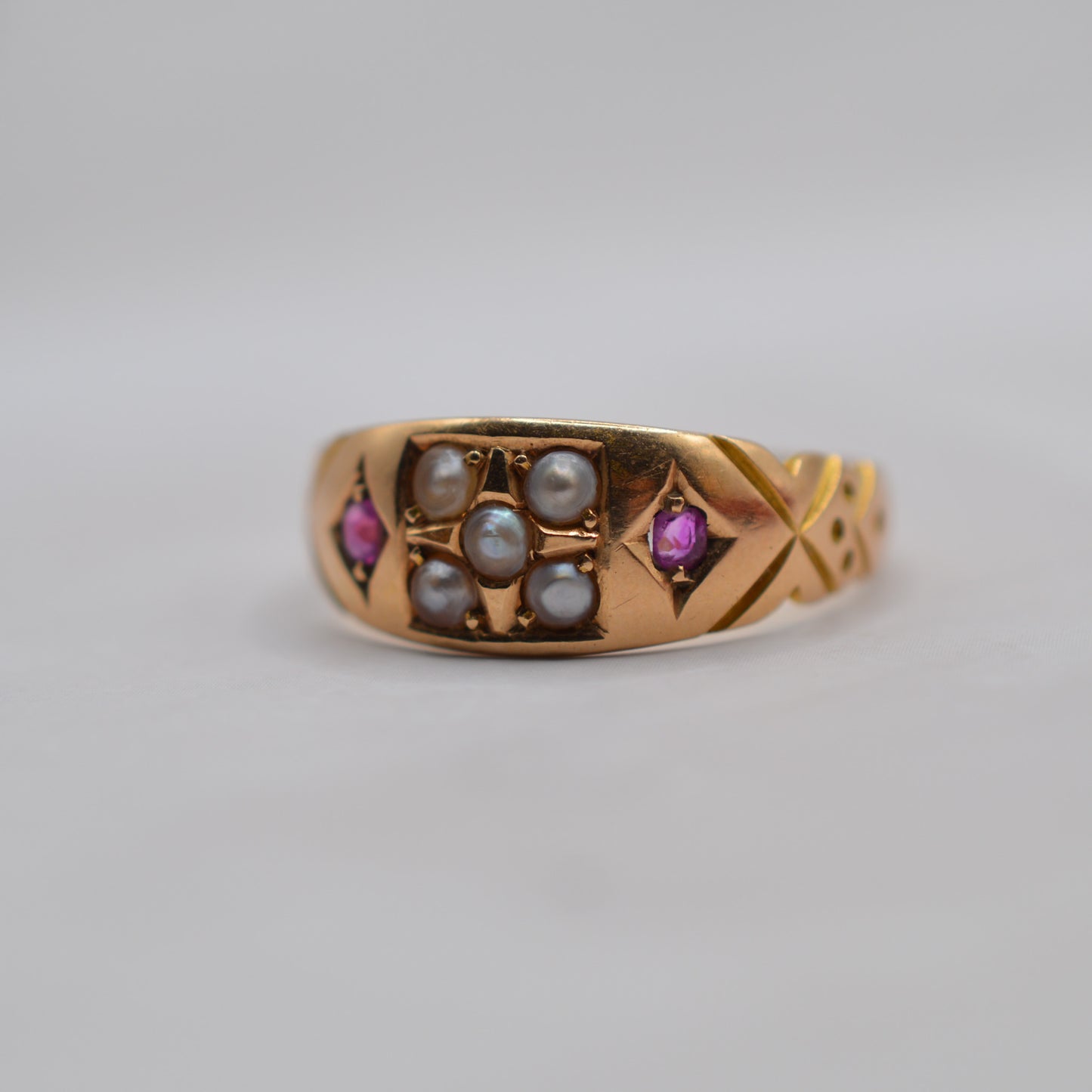 Antique Victorian 15ct Gold Ruby & Pearl Gypsy Ring