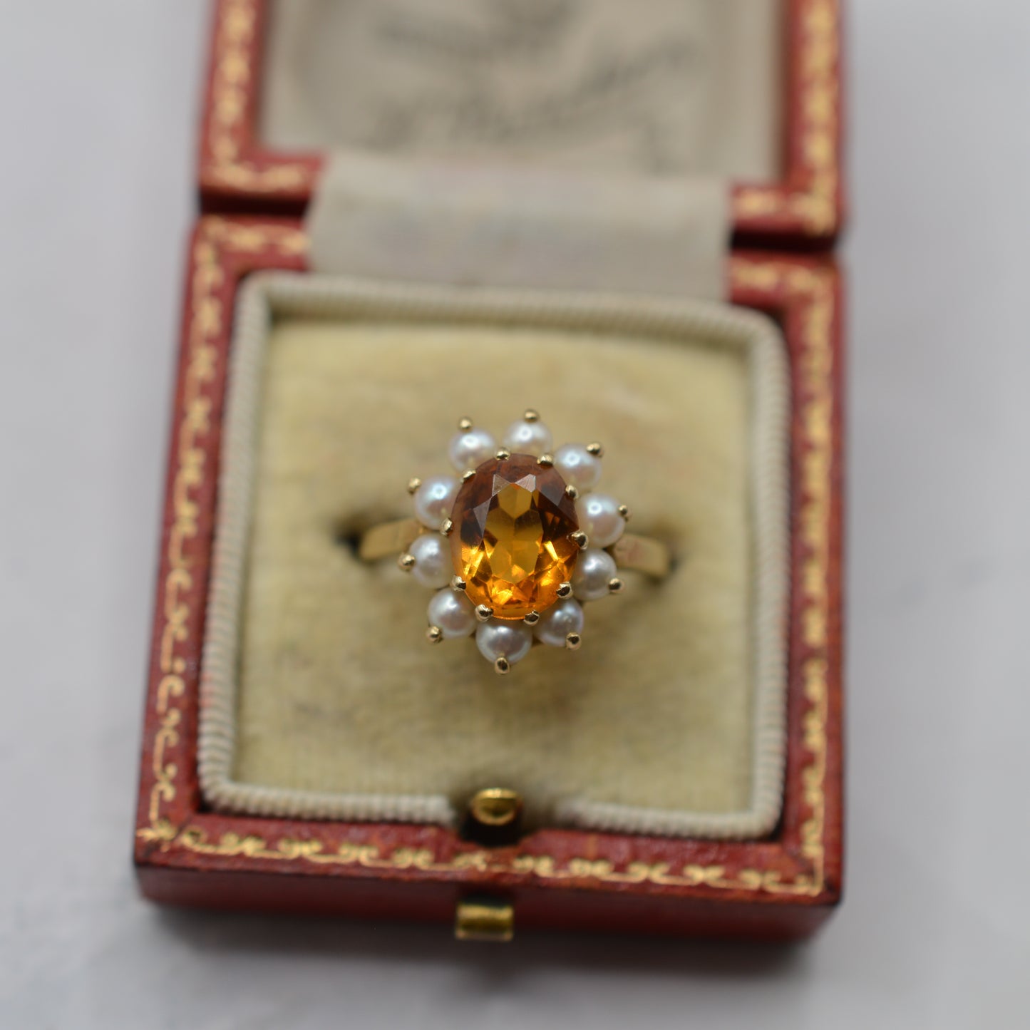 1960s Vintage 9ct Gold Citrine & Pearl Cluster Ring