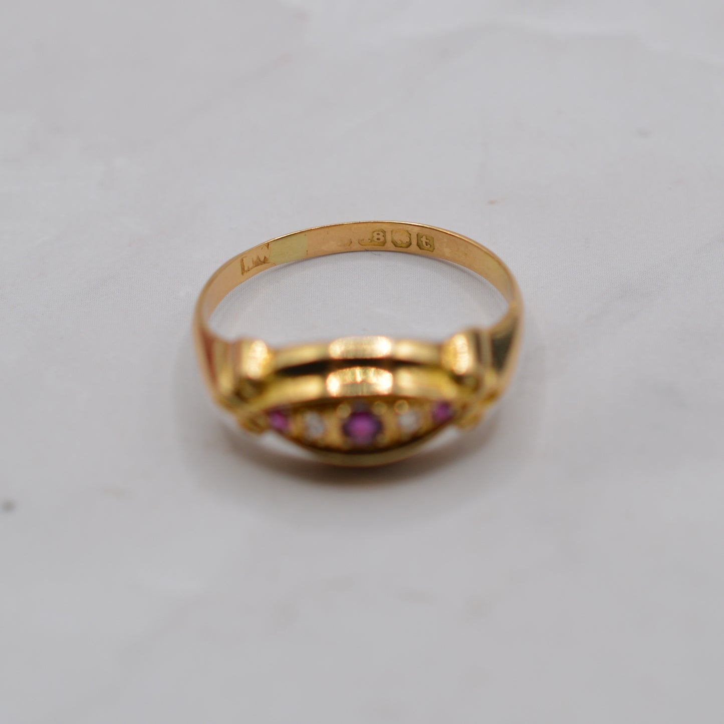Antique 1918 18ct Gold Ruby & Diamond Five-Stone Boat Ring