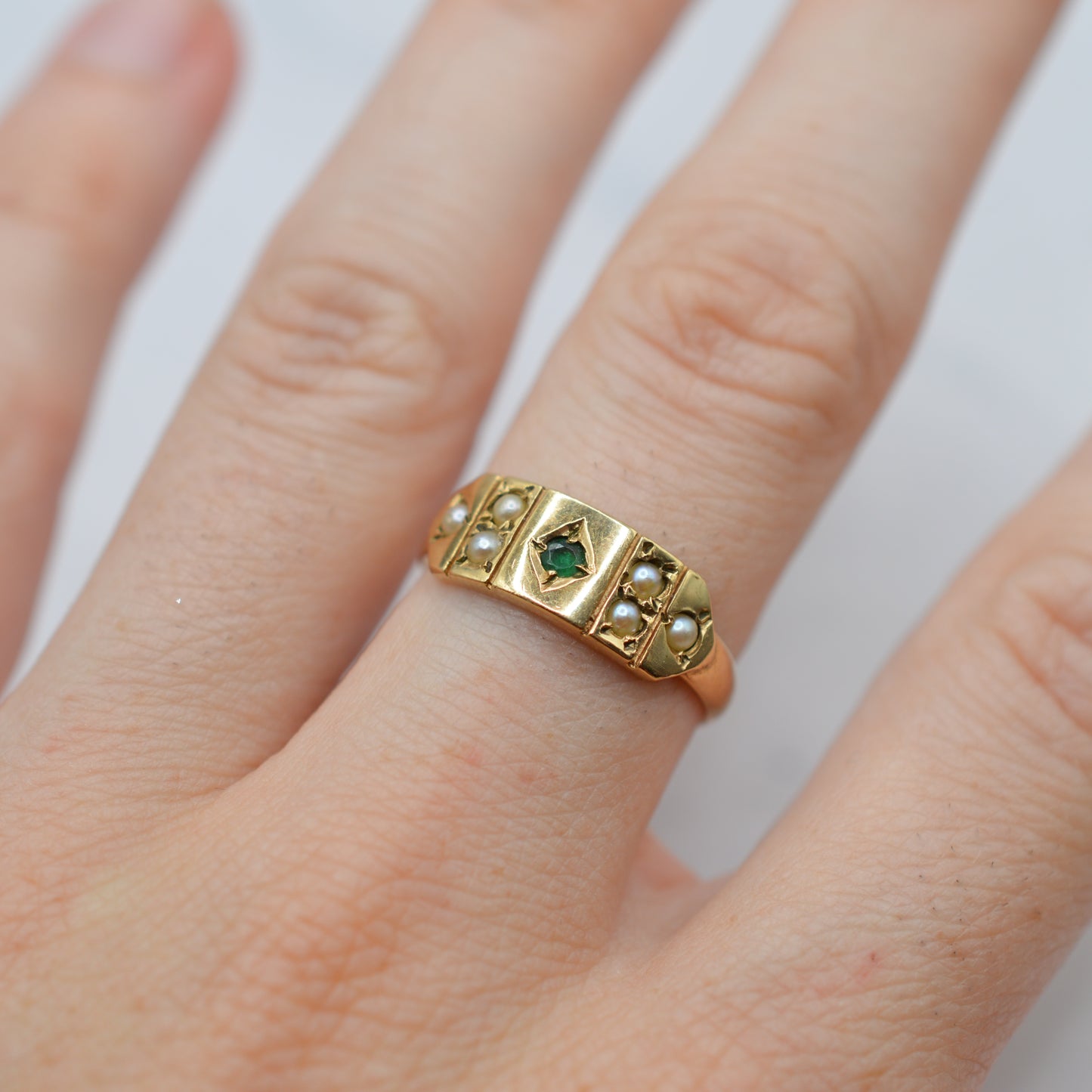 1970s Vintage 9ct Gold Emerald & Pearl Panel Ring