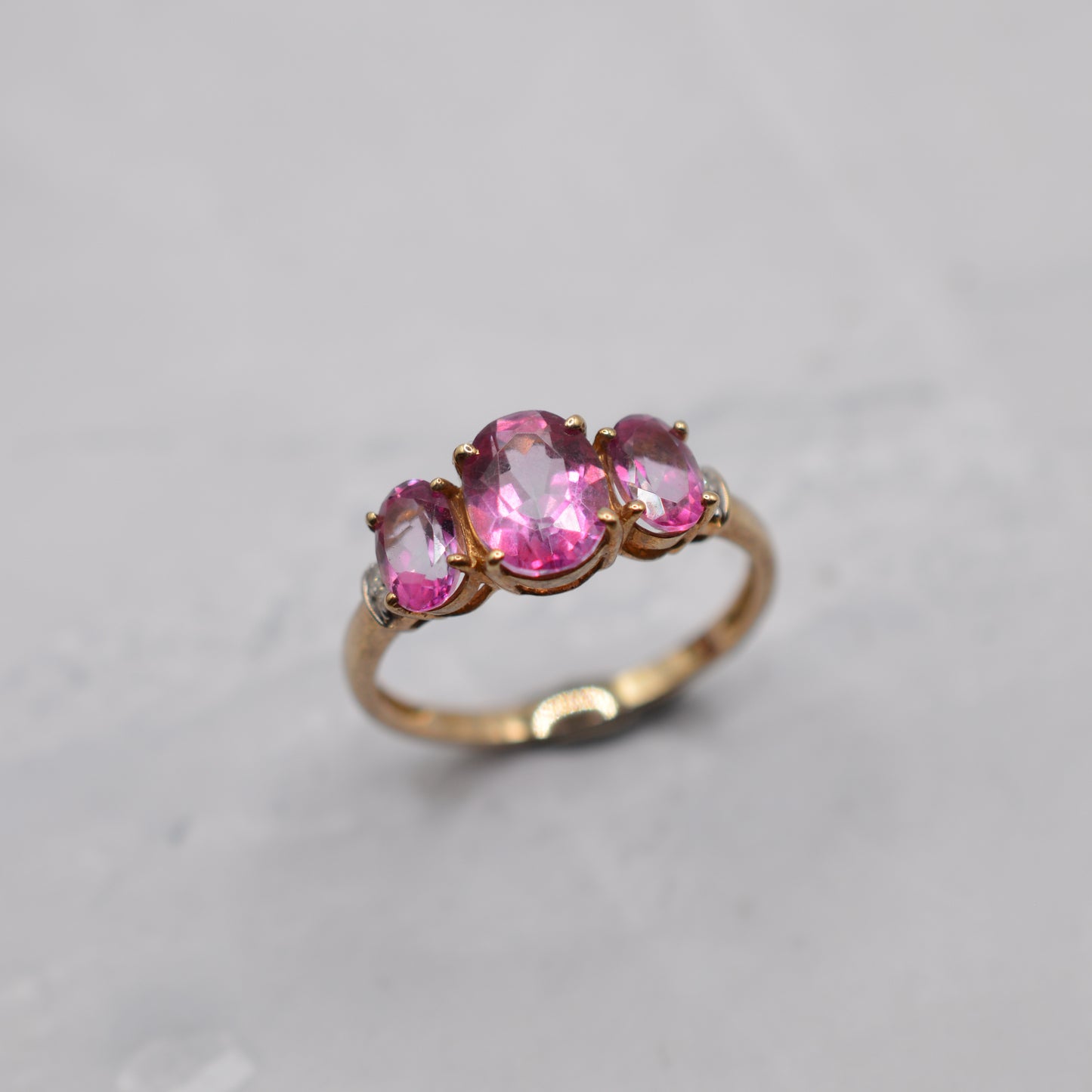 9ct Gold Pink Topaz & Diamond Trilogy Ring