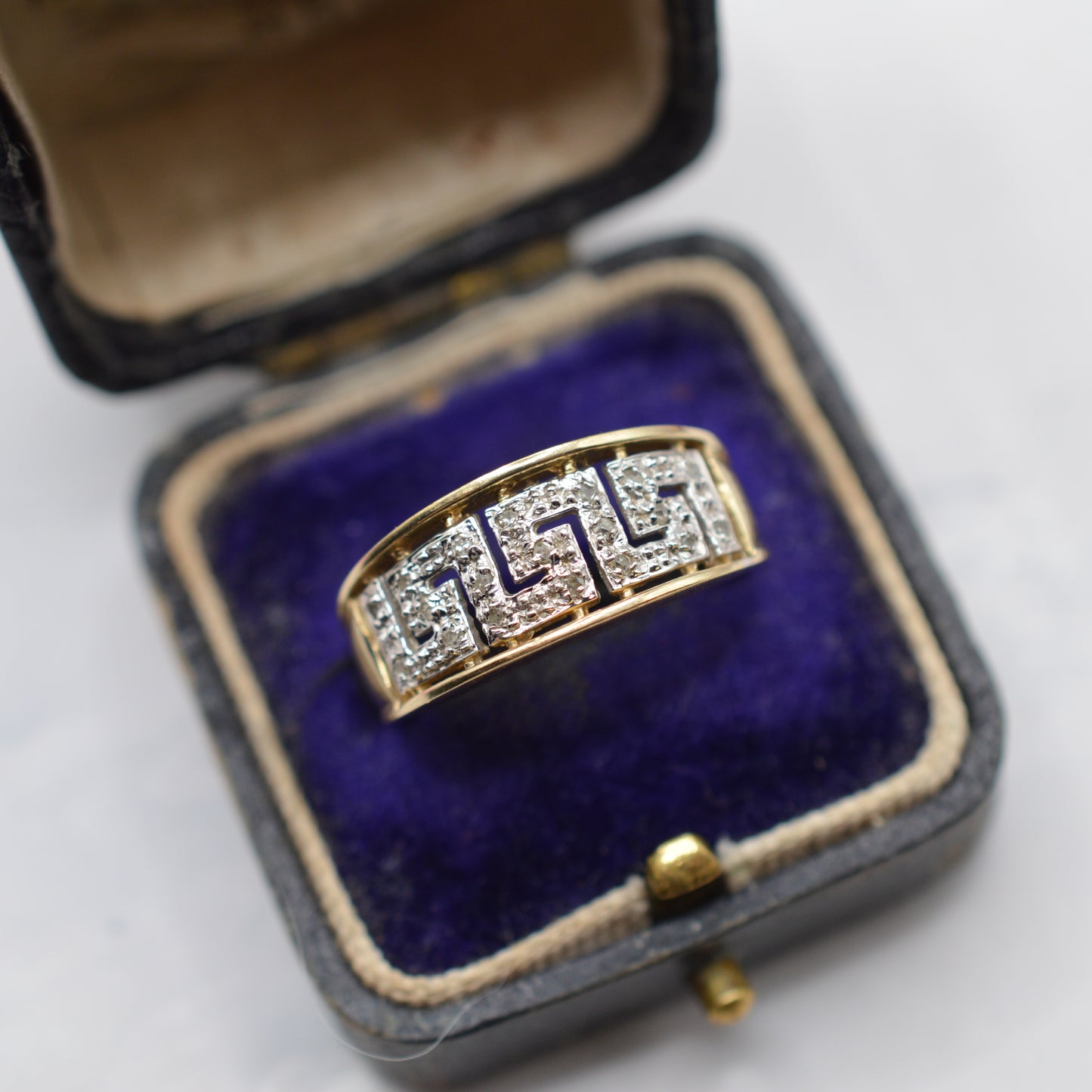 Chunky 9ct Gold Diamond Greek Key Ring