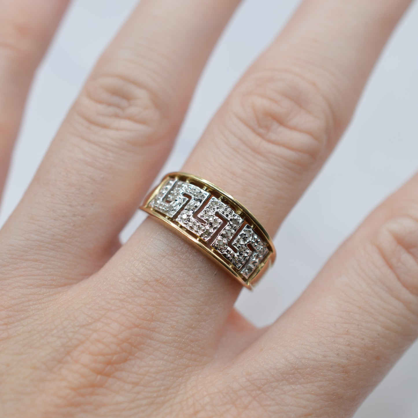 Chunky 9ct Gold Diamond Greek Key Ring