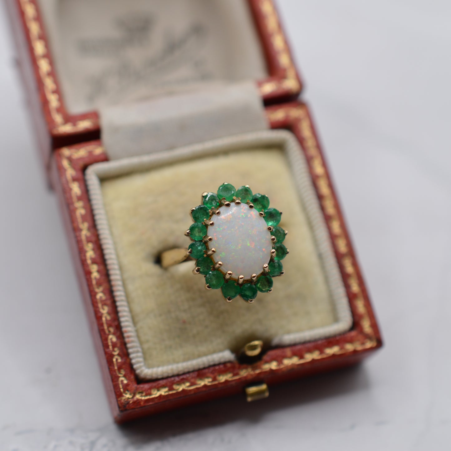 1970s Vintage Chunky 9ct Gold Opal & Emerald Cluster Ring