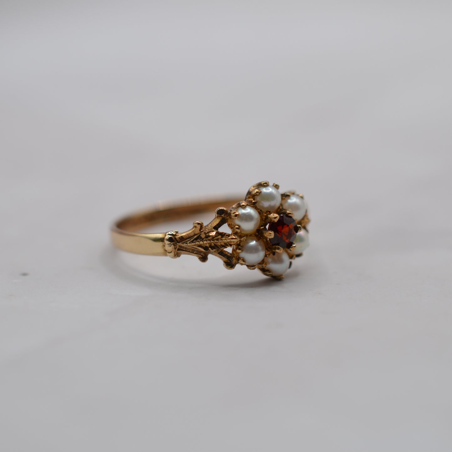 1990s 9ct Gold Pearl & Garnet Floral Cluster Ring