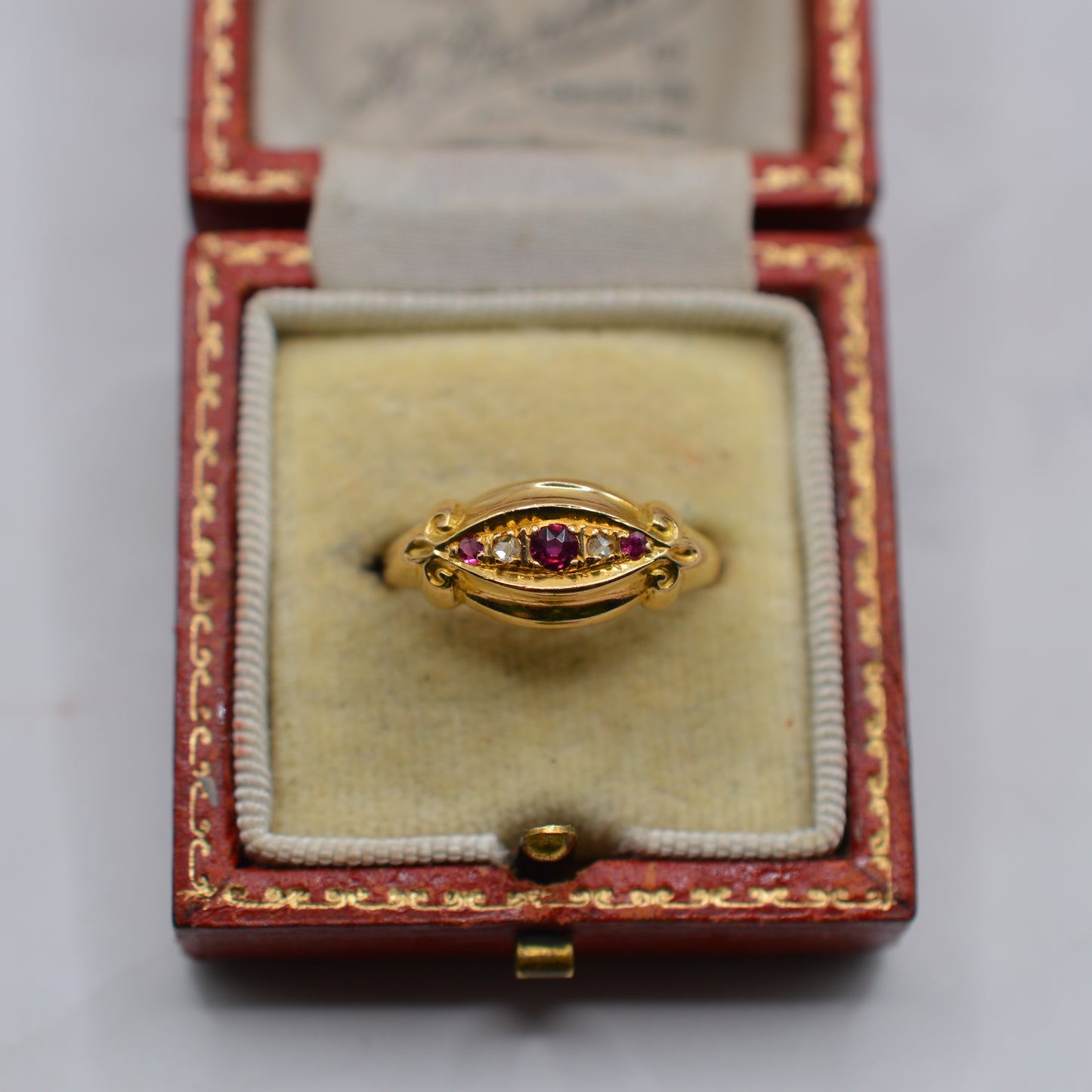 Antique 1918 18ct Gold Ruby & Diamond Five-Stone Boat Ring