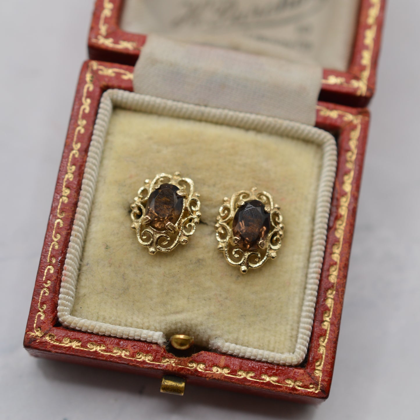 1970s Vintage 9ct Gold Smoky Quartz Openwork Stud Earrings