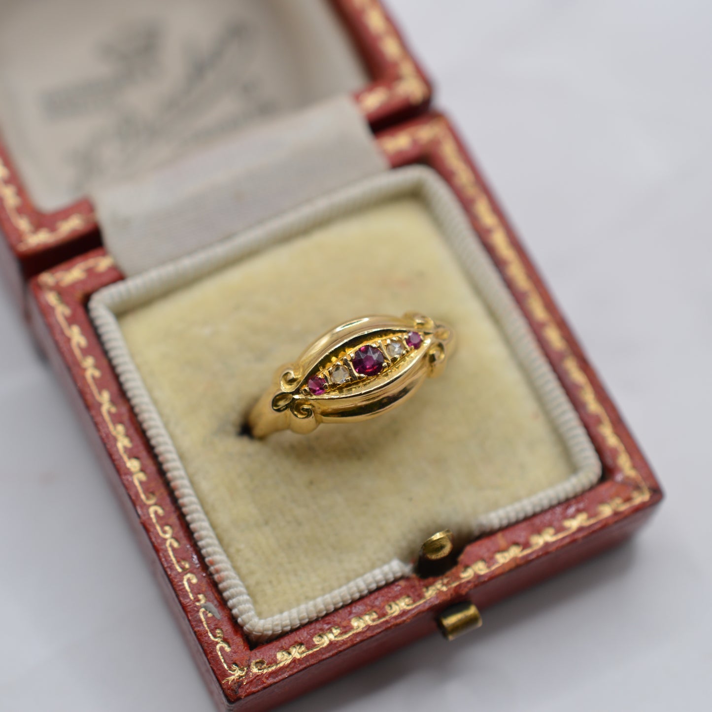Antique 1918 18ct Gold Ruby & Diamond Five-Stone Boat Ring
