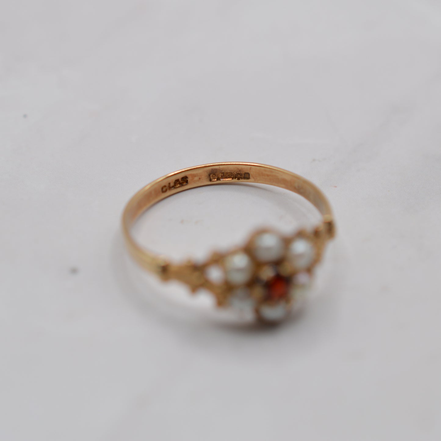 1990s 9ct Gold Pearl & Garnet Floral Cluster Ring