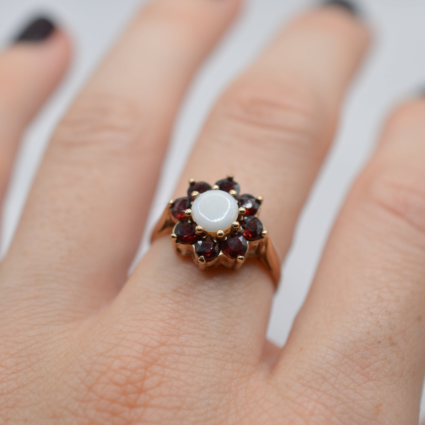 Vintage 9ct Gold Garnet & Opal Floral Cluster Ring